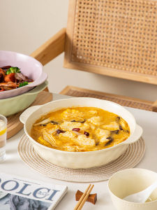 Creative Double Ear Anti-Scalding Soup Bowl High Aesthetic Value Large Bowl Home Restaurant Use Creamy Style Ceramic Bowl