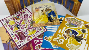 Disney Beauty & the Beast Happier Tin Fold-out Activity book with Storybook Press-outs scene & Stickers