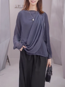 QINGNAER | Fashionable Irregular Pleated Design Big Size Womens T-Shirt Flattering Versatile