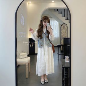 XUECAIQI | Spring Embroidery Denim Vest Lace Dress Two-Piece