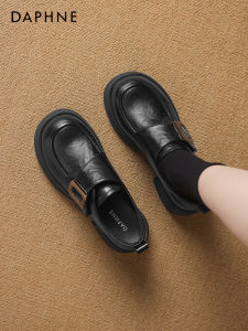 Daphne Thick Heel Loafers Womens 2025 New Black British Style Small Leather Shoes High Heels Casual round Toe Fashionable