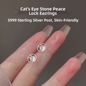 Lnieer | Sterling Silver 999 Cats Eye Stone Lock Earrings