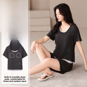 MiiOW | Ice Silk Sleepwear Womens Short Sleeve With Chest Pad 2025 New Summer Outfit Home Clothes Set Comfortable Breathable Polyester Fiber