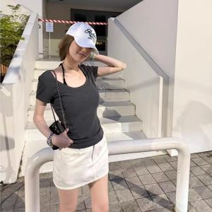 YUEZHONGWEI | Gray U-neck Short Sleeve T-shirt Womens Summer Design Slimming Short Style Korean Version Commute Style Pure Color Casual Top