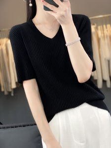 plus Size Summer Ice Silk Knitted Top Women Loose Belly Covering Slim V-Neck Short Sleeve  Silk T-Shirt Korean Style