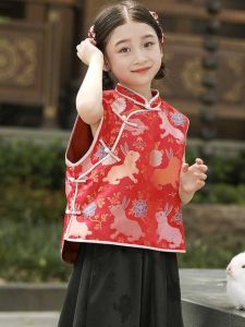 เสื้อกั๊กจีนสำหรับเด็กผู้หญิง เสื้อคลุมฮันฟูสีแดง ชุดราตรีย้อนยุค เสื้อคลุมเด็ก ชุดฮันฟูสำหรับเด็ก ชุดเด็ก ชุดเด็ก