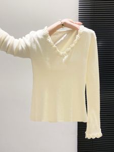 Fashionable V-Neck Floral Splicing Long Sleeve Knitted Sweater Womens Slimming Autumn New Style Inner Wear Base Top
