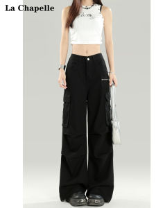 La Chapelle American Style Multi-Pocket Black Work Pants Womens Casual Wide Leg Long Pants Spring Autumn New Design