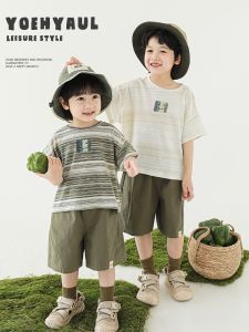 Youyou Boys T-Shirt Striped Casual Loose Short Sleeve Childrens Top for Summer Versatile Kids Upperwear round Neck Model Shot