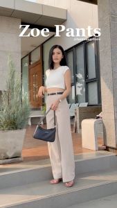 Zoe Pants กางเกงเอวสูงกระบอกใหญ่แต่งหูเข็มขัด ผ้าลาย