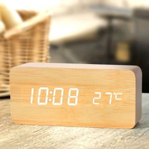Wooden Digital Alarm Clock LED Alarm Clock with Temperature Desk Clocks for OfficeBedside Clock