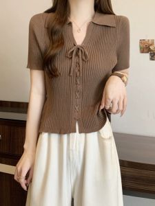 Short Sleeve V Neck Ice Silk Knitted T-shirt Womens Summer Plus Size Plus Size Ladies Slim Looking Maillard Short Tops Shoulder Polo Shirt