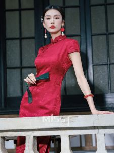 Red New Chinese Style Wedding Dress Cheongsam Silk Engagement Banquet Gown Four Misses Retro Style Long Cheongsam Short Sleeve