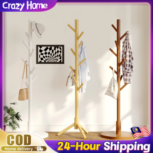 【In Stock-ships within 24H】Solid Wood Coat Rack Premium Wooden Coat Hanger Stand (White/Wood/Brown) 8-Hook Penyangkut Baju Simple Installation Flat Stand for Bedroom & Hallway 挂包架