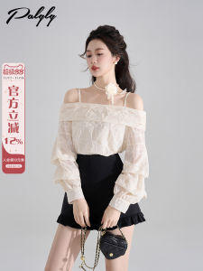 Elegant French Style Lace Shirt Womens Spring 2025 New Small Fragrance Style Beautiful Top Shoulder Bared Long Sleeve Loose Fit
