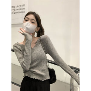 Áo Thun Dệt Kim Dài Tay Cổ Chữ V Màu Xám Cho Nữ Mùa Thu 2022 Áo Sơ Mi Cơ Bản Rộng Rãi Thường Ngày Áo Thun Dài Tay Ôm Vừa Vặn