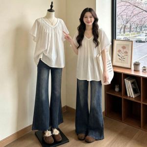 Stylish Ruffled V-Neck Short Sleeve Shirt Slim Fit Loose Top