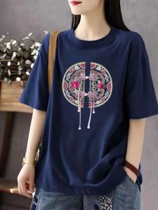 Outlets Genuine Womens Clothing New Chinese Style National Style Retro 100% Cotton Coat round Neck Short Sleeve Literary Flower Printing T-Shirt