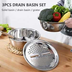 Baskom Set Stainless Steel 3in1 Multifungsi dengan Parutan dan Tirisan Sayur Buah