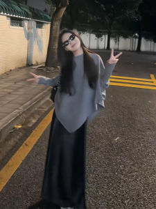 เสื้อสเวตเตอร์ถักแขนยาวหลวมๆ สีเทา ทรงหลวม ทรงไม่สมมาตร สไตล์เกาหลี เสื้อผ้าทำงานฤดูใบไม้ร่วง/ฤดูหนาวสำหรับผู้หญิง