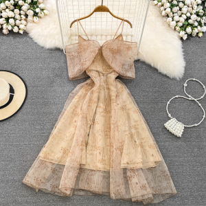 Váy Chữ a Cạp Cao Phong Cách Hàn Quốc Mùa Hè 2025 Váy Dự Tiệc Không Tay Thắt Nơ Hình Bướm Váy Dài Vừa Phải Cho Nữ