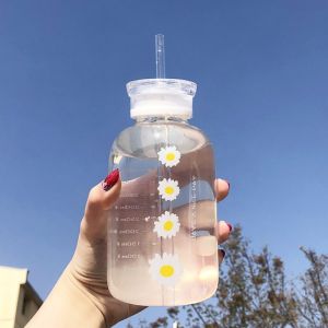 Transparent Glass Water Bottle with Double Cover Student School Portable Water Cup with Time Marker Healthy Drinking Cup