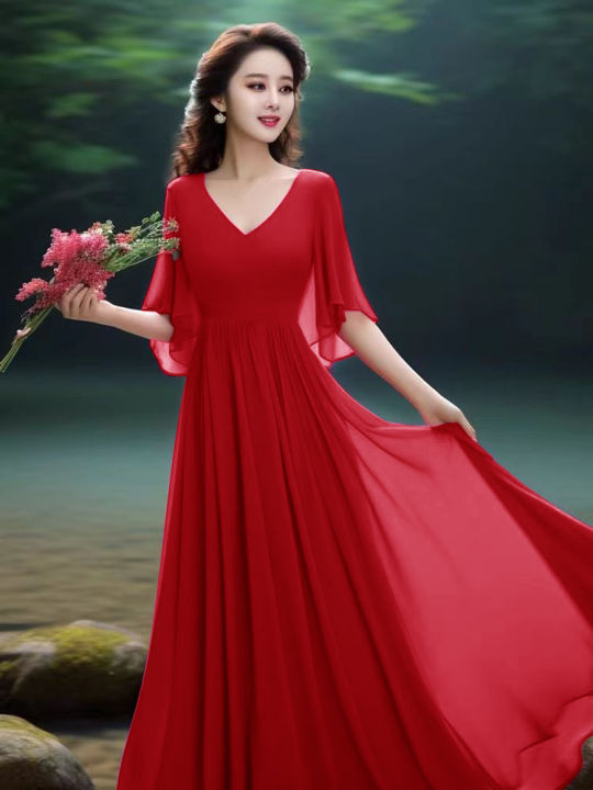 Summer New Style Double Layer V-Neck Red Chiffon Dress Large Swing Skirt  Photography Friendly Meat Concealing Women's Dress