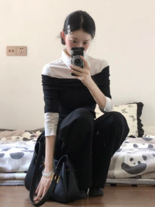 Korean Style Long Sleeve Slim Fit Shirt Womens Fashion Autumn New Small Design Sense Waist Cinching Color Collision Top