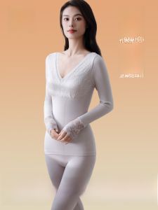 MiiOW | Bộ đồ lót nữ MiiOW 2025 mùa thu đông gợi cảm ren giữ nhiệt độ quần dài tay cổ chữ V màu trơn