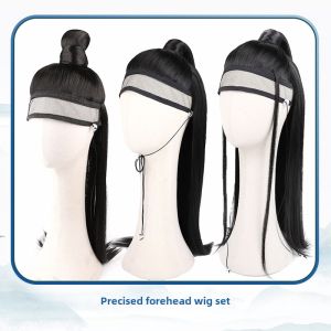 Adult Mens Long Straight Hair Wig with Forehead Fake Invention Integrated Mesh One Piece Ancient Chinese Style Hanfu Costume