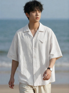 Wood soon | American Plain Color Cuban Collar Deconstructive Design Loose Casual Short Sleeve Shirt