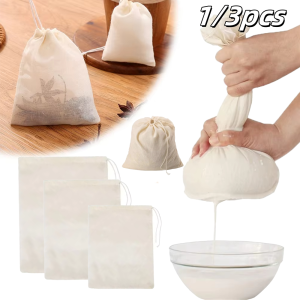 1/3pcs Reusable Cotton Food Filter Bag Drawstring Type Medicine Herbal Spice Strainer Soup Mesh Filter Kitchen Food Filter Bags