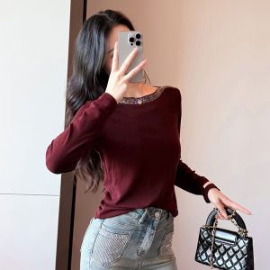 REHIN เสื้อยืดสตรีแขนยาวพลอยเทียมเปิดไหล่เสื้อท่อนบนสำหรับฤดูใบไม้ร่วงหรูหราเข้ารูปพอดี