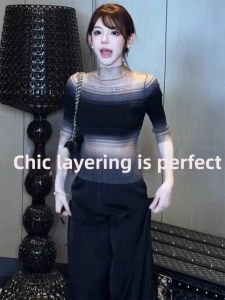 Sheer Mesh Semi-High Collar T-Shirt for Summer Mid-Sleeve
