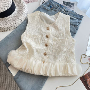 PAIBOLI | Fashionable Sequin Womens Vest White Outerwear Summer Korean Style High Waist Short Sleeve Round Neck Thin Material Commute Wind