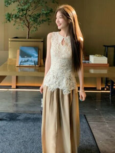 CHANGTONG | Retro Queen Style Lace Top and Skirt Set Two Pieces Summer
