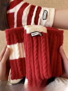Thickened Coral Fleece Striped Socks Womens Mid-calf Winter Warm Sleeping Floor Mat Socks Lucky Year Red Color Home Comfortable
