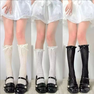 Japanese Retro Women Stockings Ruffle Long Socks Lolita Style White Lace Knee High Sock Sweet Girls Cute Bow Stocking