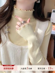 Áo Sơ Mi Nữ Cổ Cao Màu Vàng Họa Tiết Ren Gỗ Áo Lót Mùa Xuân Thu Đông Mới Áo Thun Cotton Nylon Dài Tay Thường