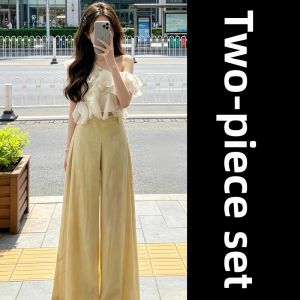 SENWA | Ruffle Off-shoulder Top Women Summer Outfit with Wide Leg Pants