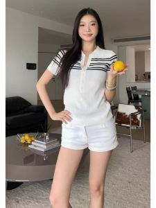HUOLISI | Collarless Striped Fitted Short T-Shirt