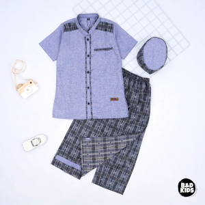 Baju Koko Anak Laki-Laki Lengan Pendek & Sarung Celana + Peci 3-12 Tahun Setelan Koko Sarcel Malik