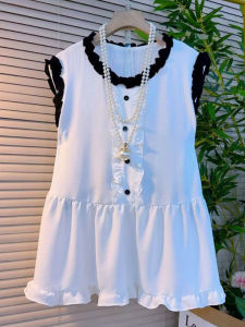 เสื้อแขนกุดคอตั้งสไตล์เกาหลีสำหรับผู้หญิงไซส์ใหญ่ ฤดูร้อน 2025 เสื้อแขนกุดสไตล์เกาหลี ทรงหลวม กระโปรงสั้น ผ้าฝ้ายผสมโพลีเอสเตอร์