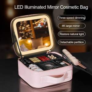 Makeup Bag With Mirror LED Light Organizer