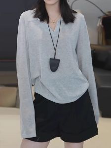 Gray Collared Summer Sun Protection Clothing Womens Loose Casual Long Sleeve T-Shirt Thin Cover up Comfortable Lazy Top
