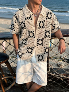 OXFREAK | Crochet Granny Square Split Sewn Short Sleeve Shirt Men