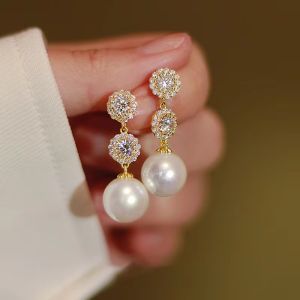 Huitan Aesthetic Simulated Pearl Hanging Earrings Women for Wedding Dazzling CZ Modern Fashion Female Earrings Party Jewelry