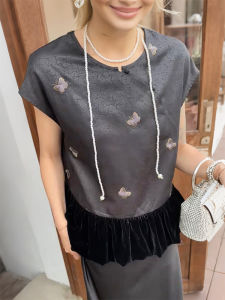 QINGNAER | Summer 2025 Chinese Style Butterfly Embroidered Crackle Pattern Silk Blend Shirt