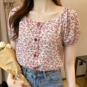 เสื้อเชิ้ตผ้าชีฟองลายดอกไม้ทรงเข้ารูปสไตล์หวาน คอกว้าง แขนสั้น ปกปิดหน้าท้อง แฟชั่นฤดูร้อนสำหรับผู้หญิง