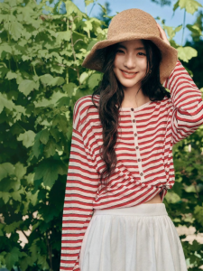 SEIFINI | Henley Stripe Red Knit Blouse
